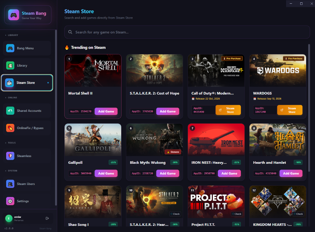 SteamBang Desktop App Preview